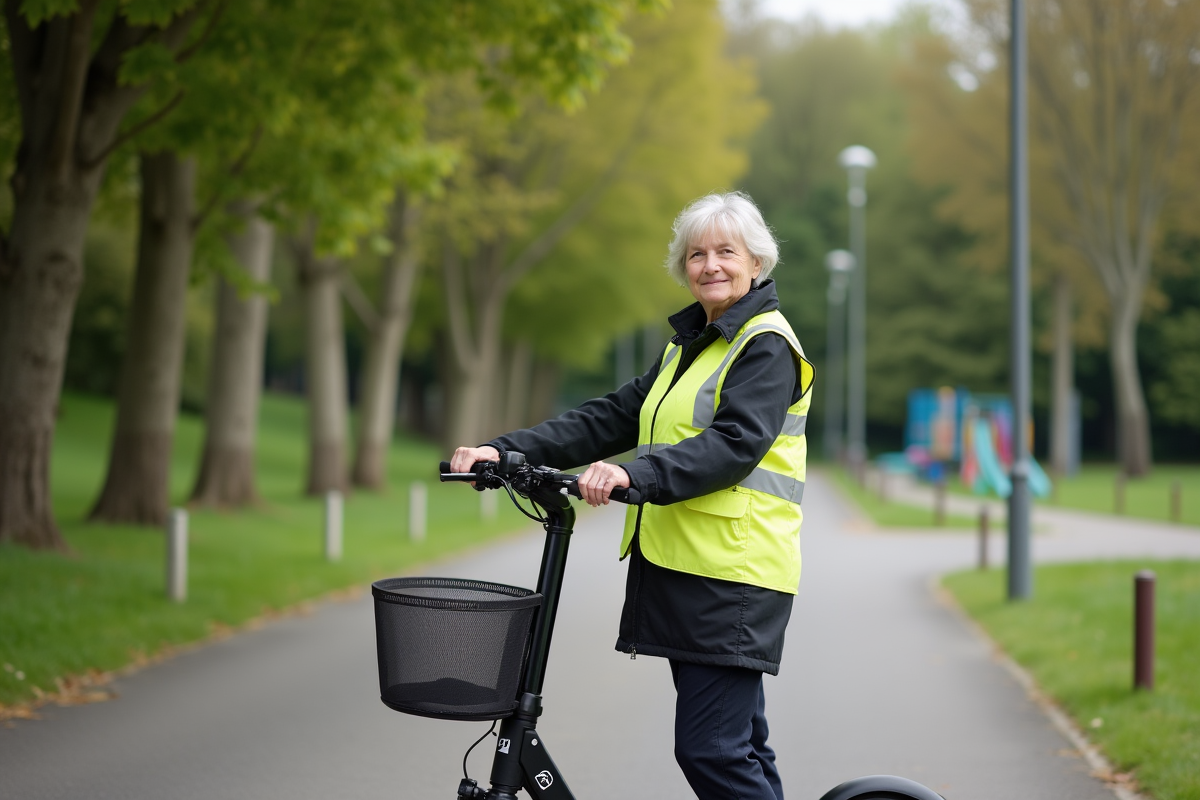 Femme avec scooter électrique dans un parc suburbain