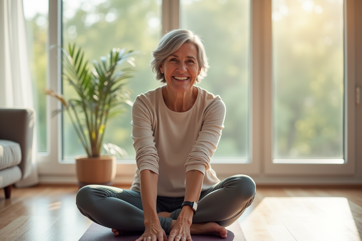 Femme senior souriante faisant du yoga dans un salon lumineux