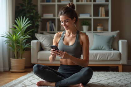 Femme assise sur un tapis avec son smartphone et application fitness