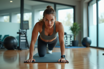 Femme en pleine séance de plank dans une salle de sport moderne