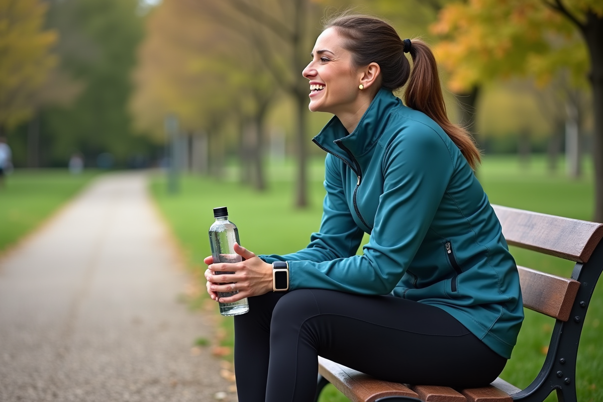 Femme en tenue de sport détendue dans un parc urbain
