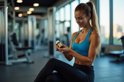 Femme sportive en salle ouvrant des capsules de probiotiques