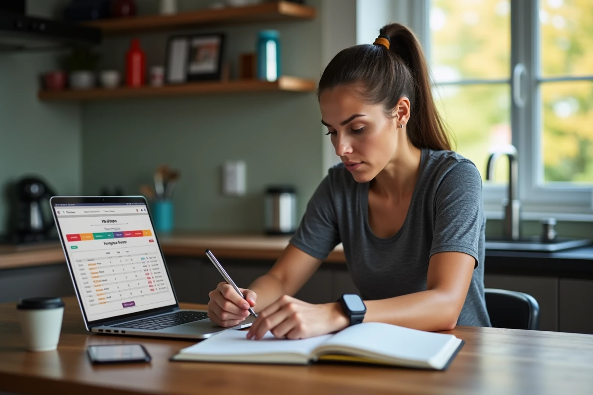 Jeune femme sportive prenant des notes à la maison