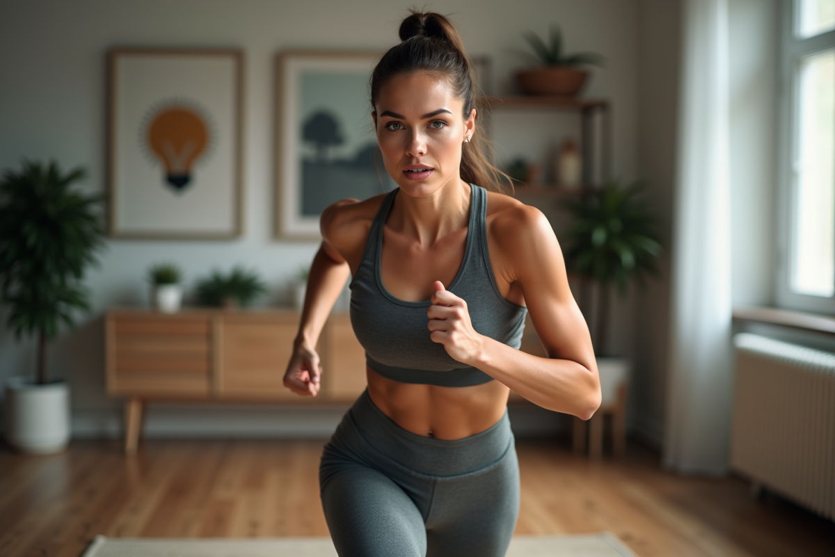 Femme en sprint lors d'un entraînement HIIT à la maison