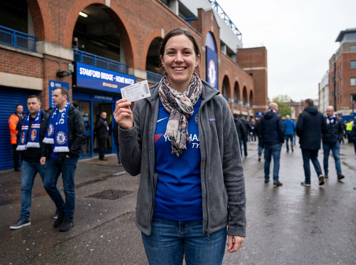 Femme heureuse tenant un billet de match devant un stade