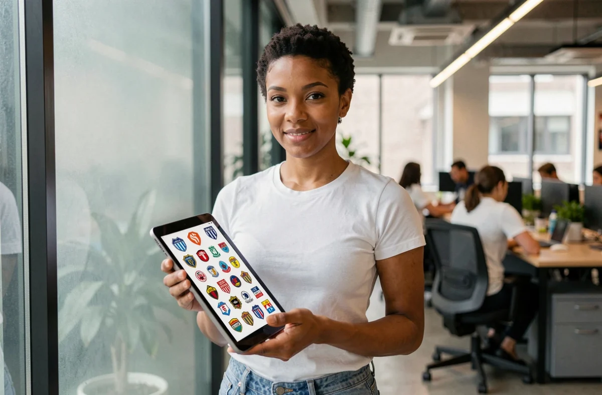 Femme tenant une tablette affichant des logos SVG de clubs de football dans un espace de coworking