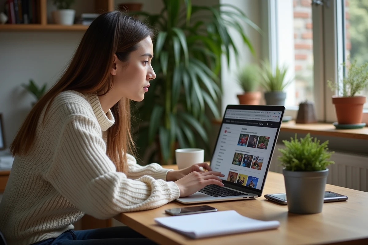 Jeune femme concentrée sur son ordinateur dans un bureau à domicile