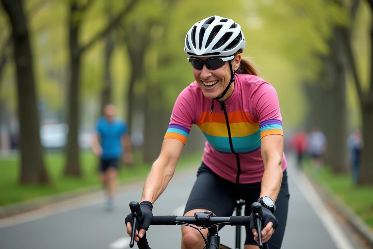 Femme cycliste souriante surveillant son capteur en parc urbain