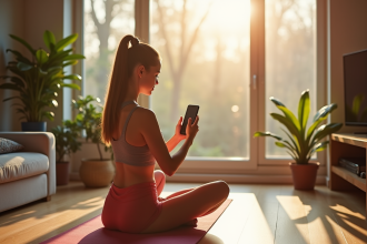 Jeune femme faisant yoga dans son salon lumineux