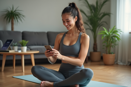 Jeune femme souriante en yoga avec smartphone dans un salon