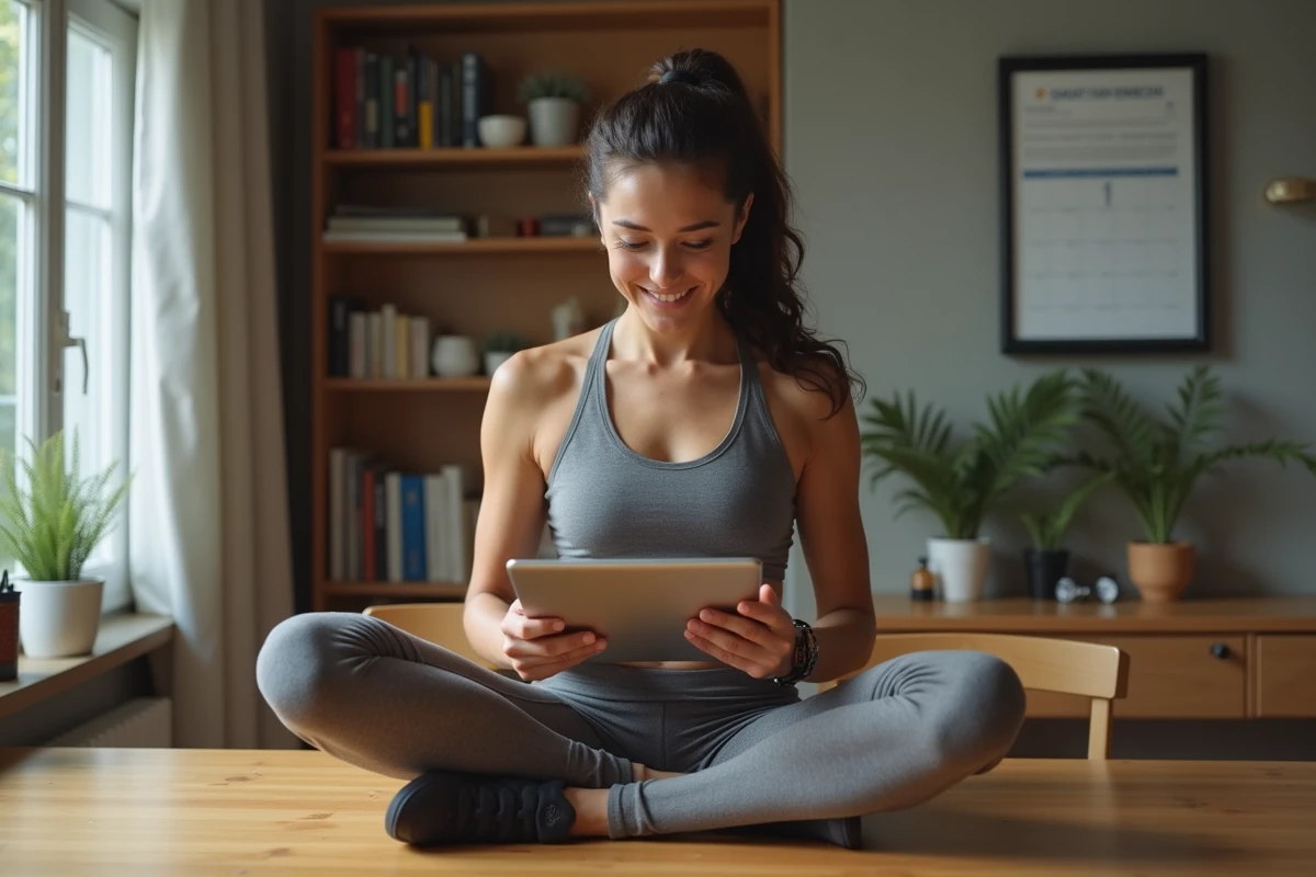 Femme jeune analysant ses données de course sur tablette