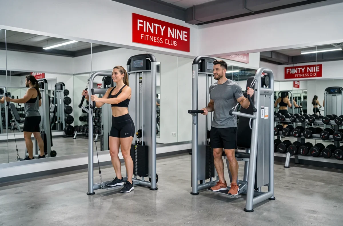 Deux sportifs utilisant des machines à câbles au Fifty Nine Fitness Club à Échirolles