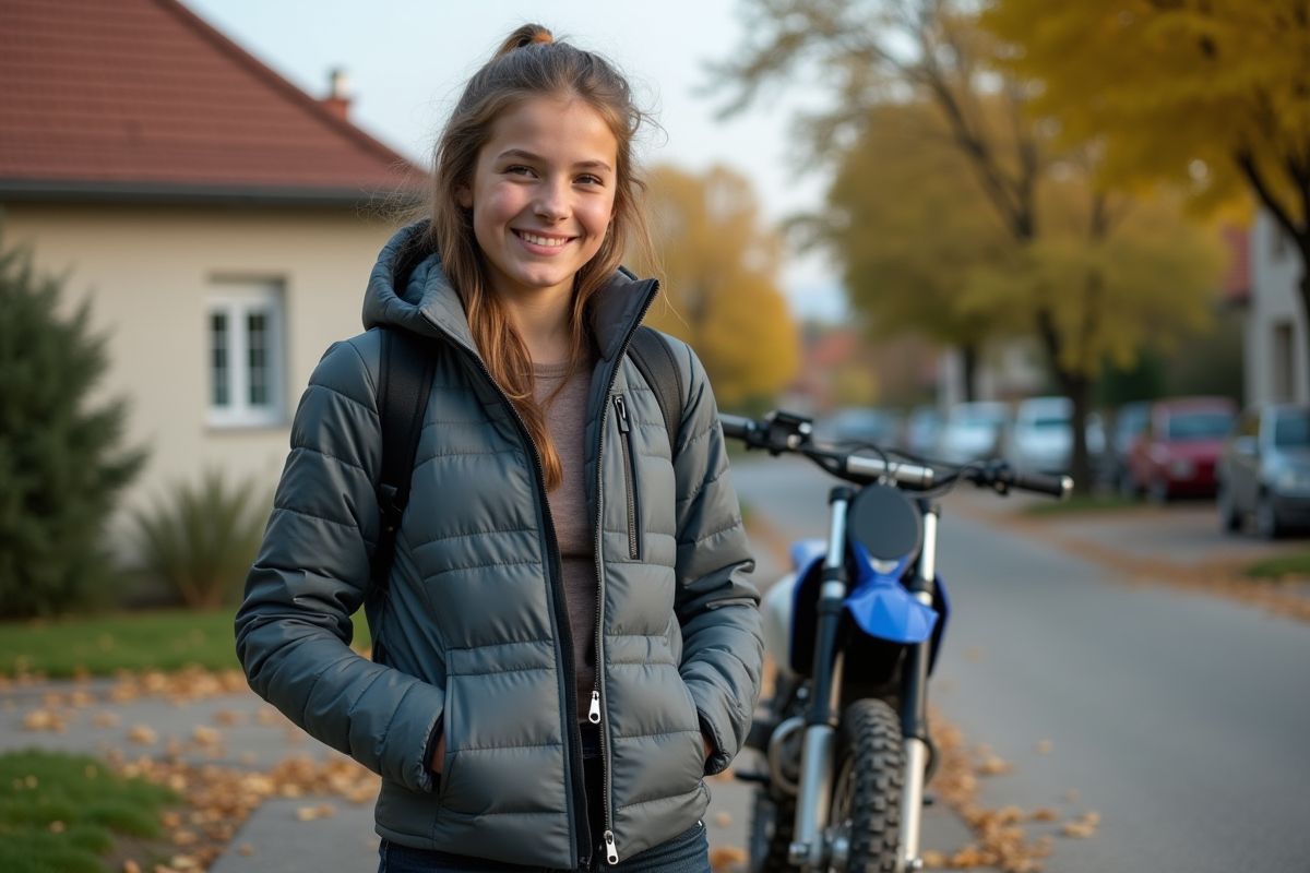 Fille souriante zippant sa veste motocross près d