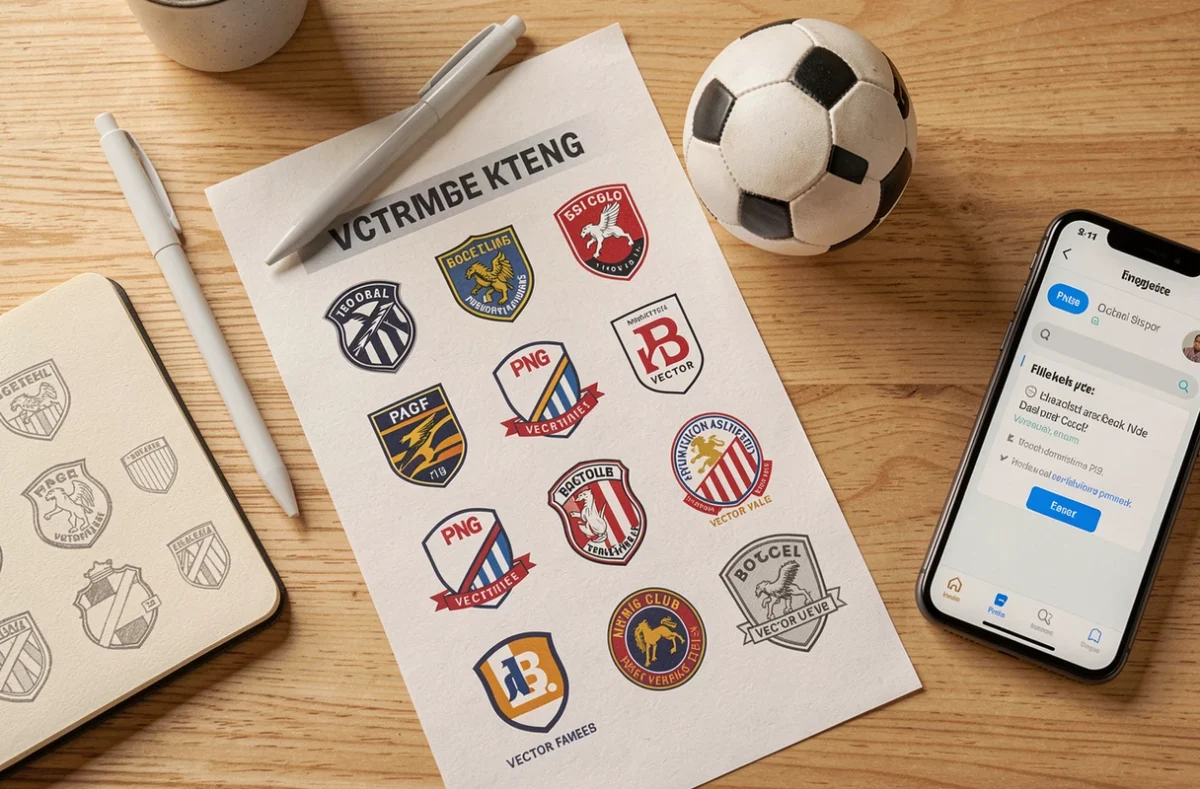 Flat lay de logos de clubs de foot imprimés en PNG et vectoriel sur un bureau en bois avec accessoires de design