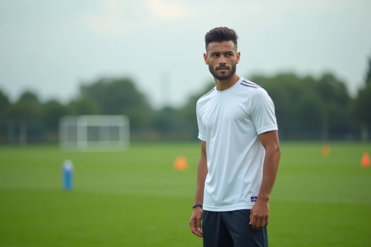 Jeune footballeur professionnel en tenue d'entraînement sur un terrain symbolisant les salaires et contrats du PSG en 2026