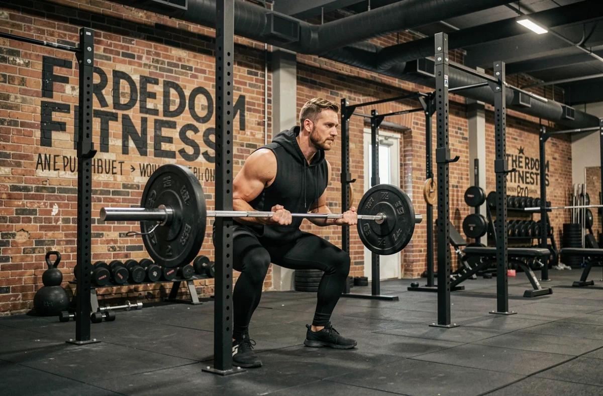 Homme effectuant un squat barre dans la salle Freedom Fitness