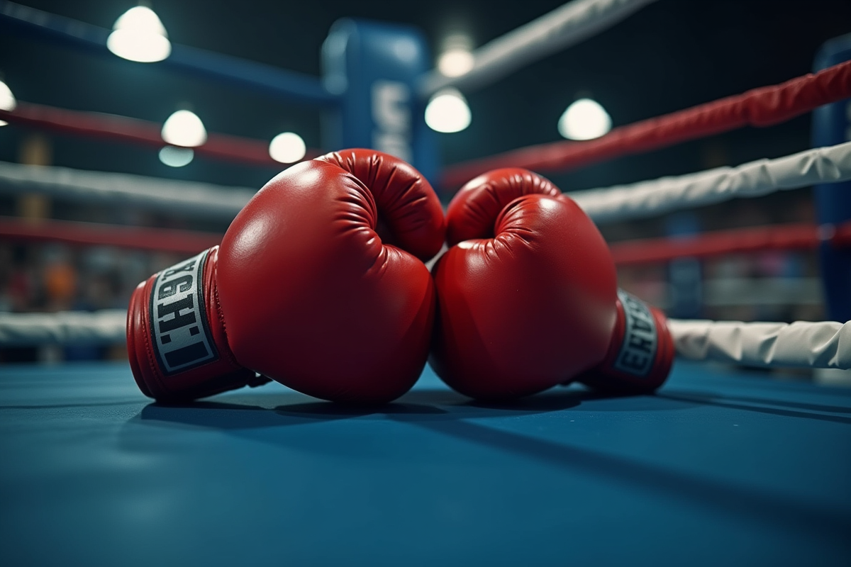 Gants de boxe professionnels sur le ring lumineux