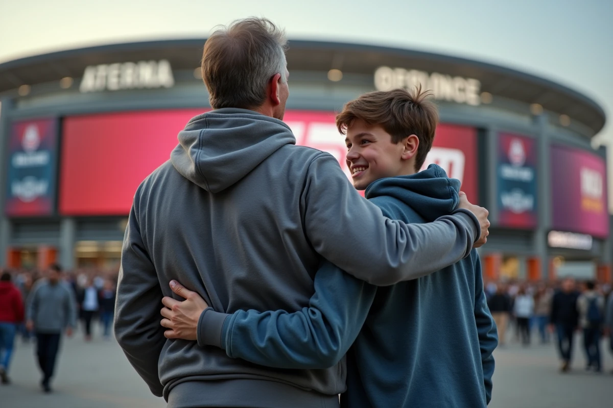 Un homme et un garçon devant une entrée de stade de catch