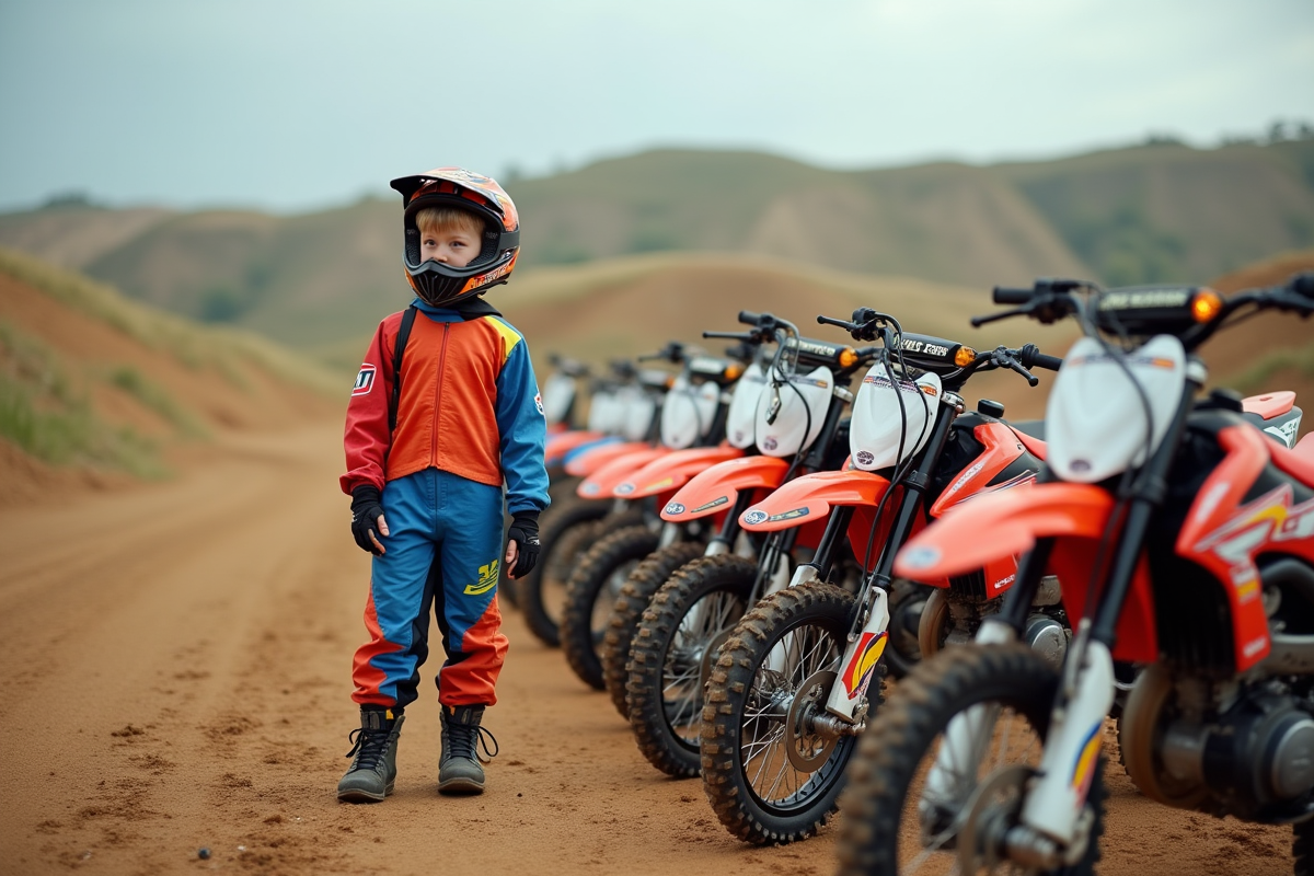 Garçon de 12 ans en tenue motocross avec bikes sur terrain
