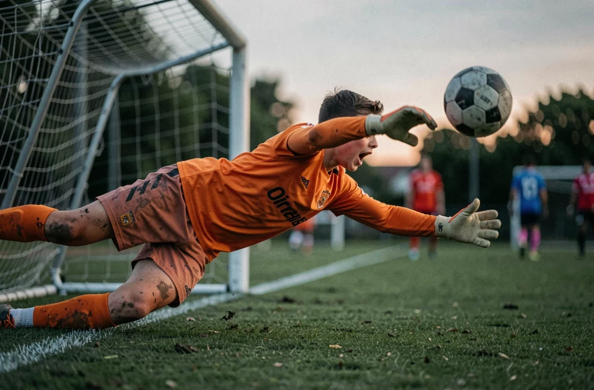 Gardien de but adolescent du District 44 plongeant pour stopper un tir lors d'un match de football en Loire-Atlantique