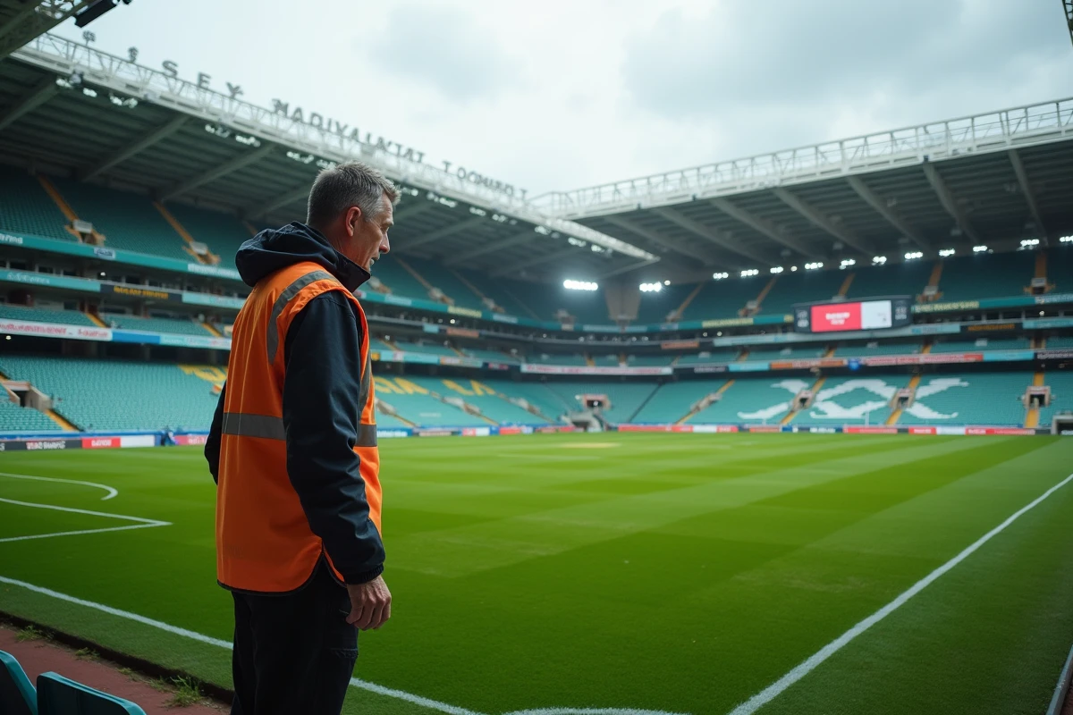 Gardien de stade en tenue haute visibilité sur le terrain