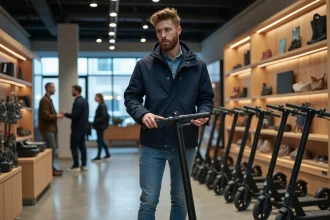 Trottinette électrique en magasin avec divers modèles exposés