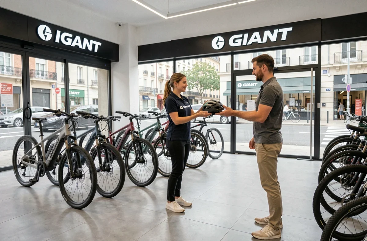 Magasin Giant à Toulouse Montaudran avec une employée remettant un casque à un client devant des vélos électriques