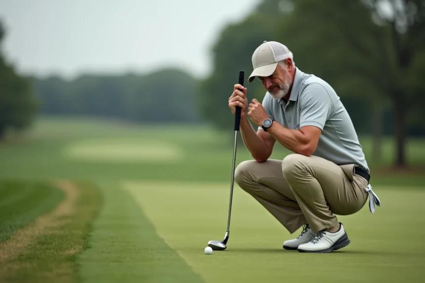 Golfeur expérimenté étudiant la position de sa balle sur le fringe avec un wedge, illustrant la technique du wedging pour améliorer le petit jeu au golf