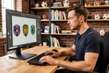Graphiste travaillant sur des logos de clubs de football en vectoriel sur un logiciel de design
