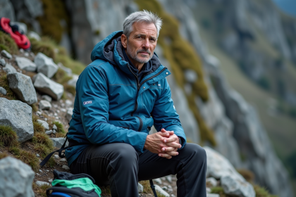 Homme grimpeur d'âge moyen en réflexion au pied d'une falaise