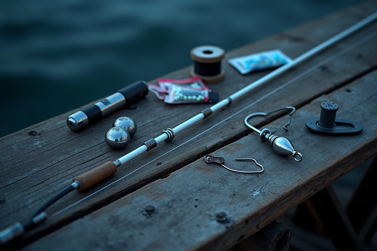 Gros plan sur un montage bar en bas de ligne surfcasting avec hameçon, plomb et fluorocarbone disposés sur une table en bois