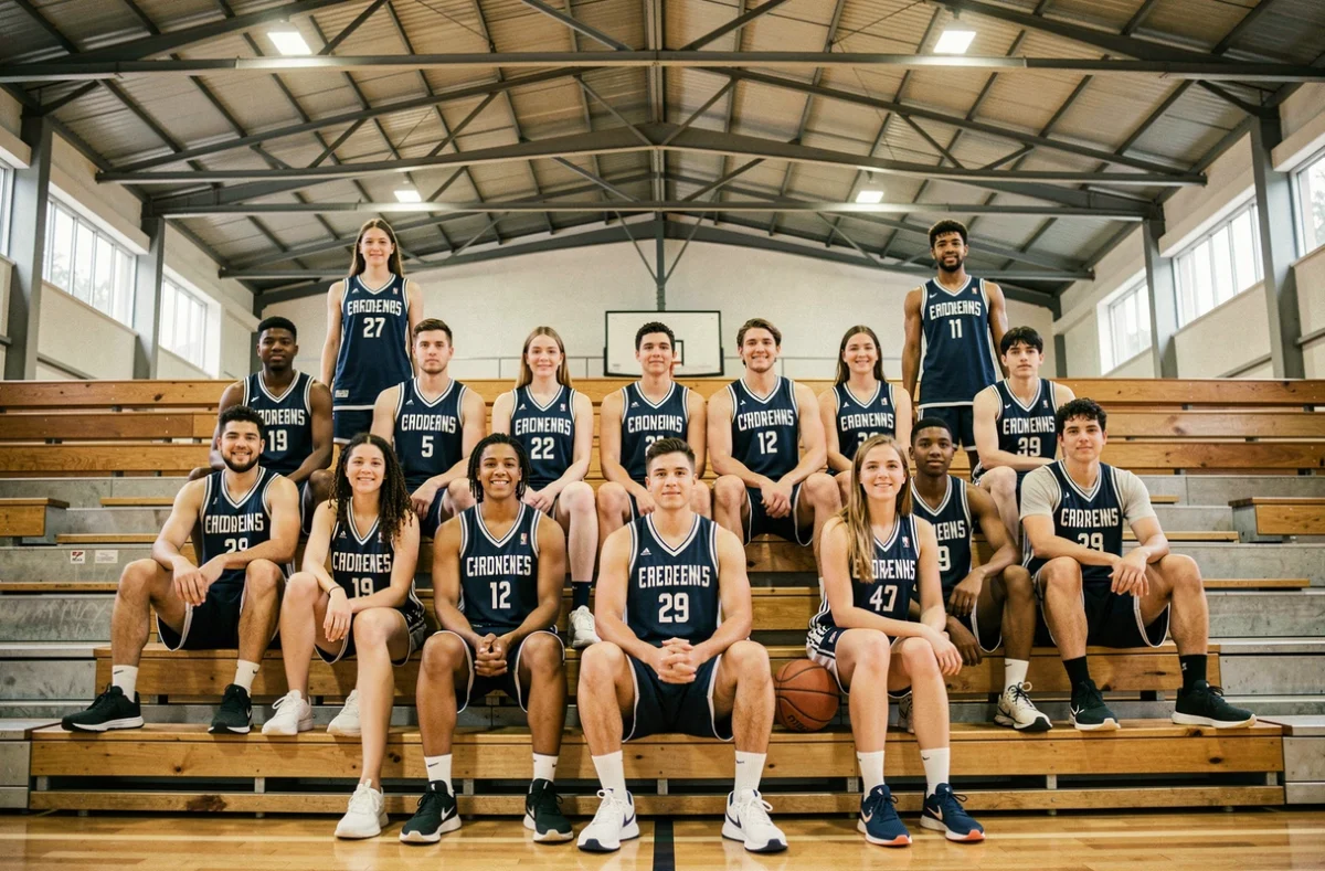 Groupe mixte de jeunes basketteurs masculins et féminins assis sur des gradins de gymnase en tenue d'entraînement, représentant la diversité des personnages de Kuroko no Basket