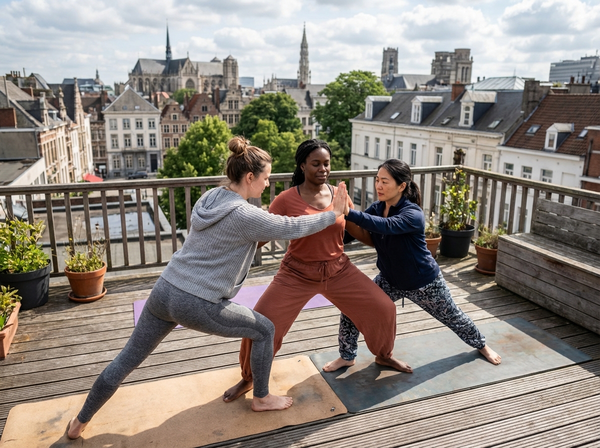 Groupe de femmes pratiquant le yoga sur un toit à Bruxelles