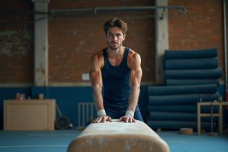 Jeune gymnaste en plein dismount sur le cheval d'arçons