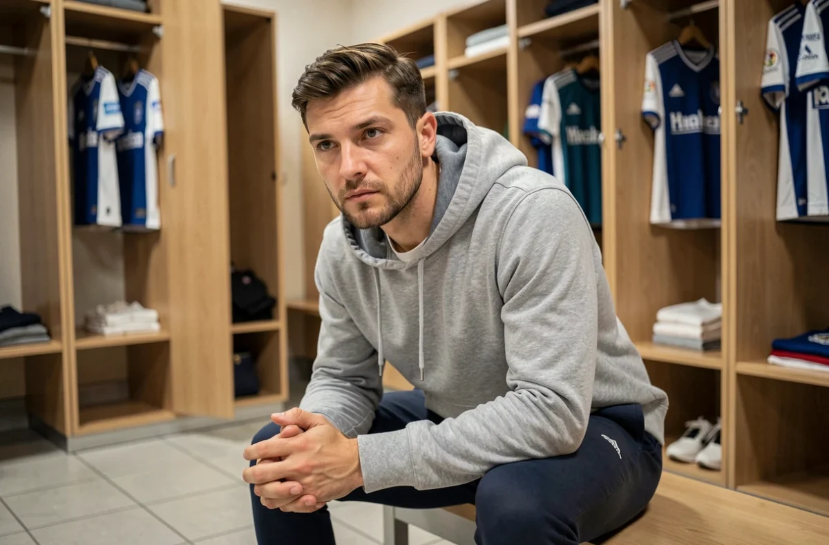 Footballeur assis dans un vestiaire professionnel, posture réflexive et regard sérieux, symbolisant une période de transition et de questionnement sur son club futur en 2026