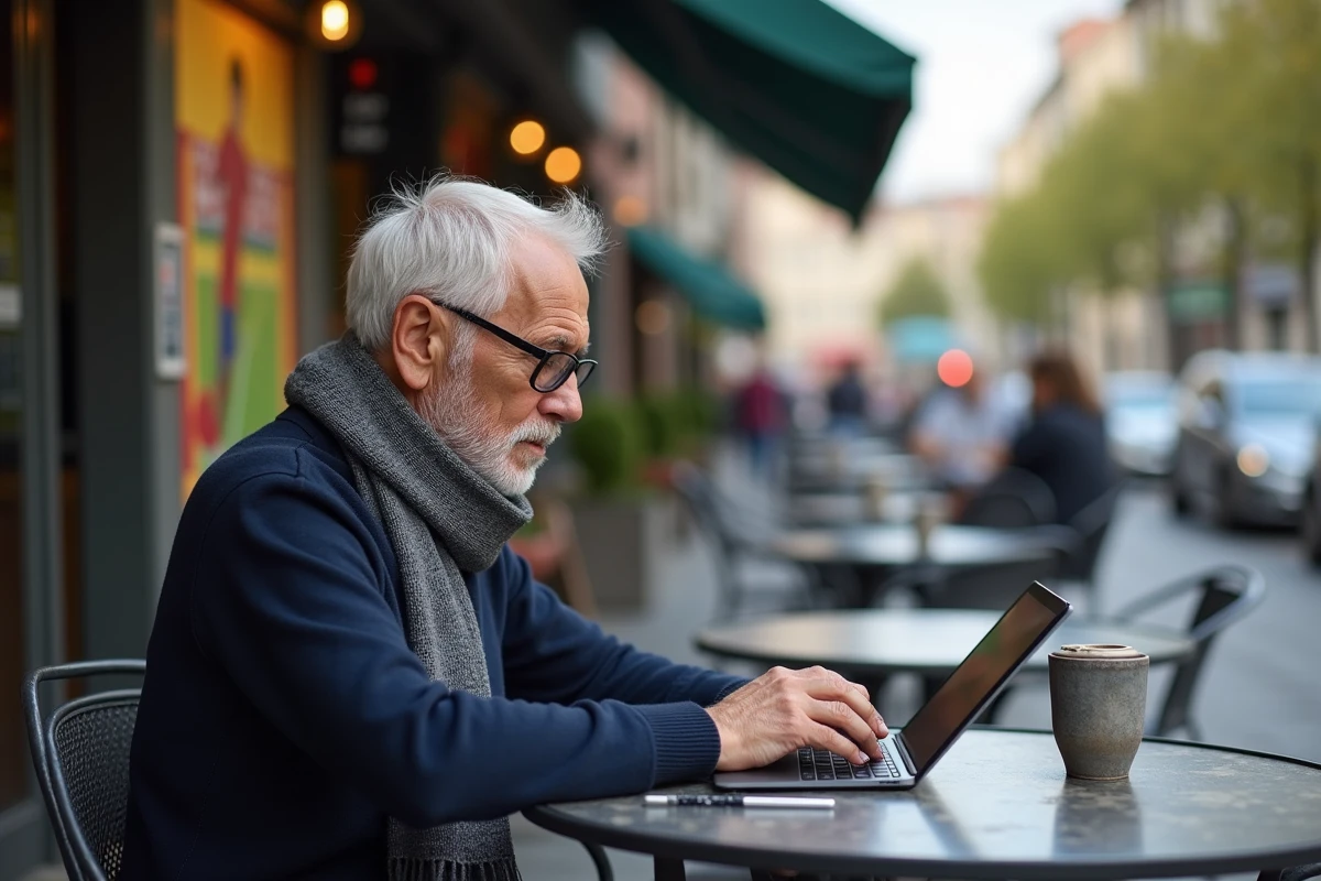 Homme âgé utilisant une tablette dans un café en ville
