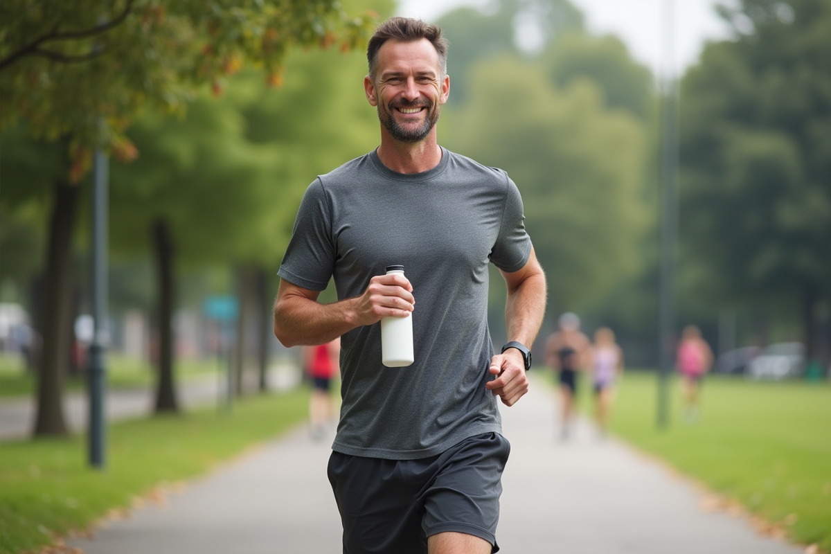 Homme actif dans un parc avec une boisson probiotique
