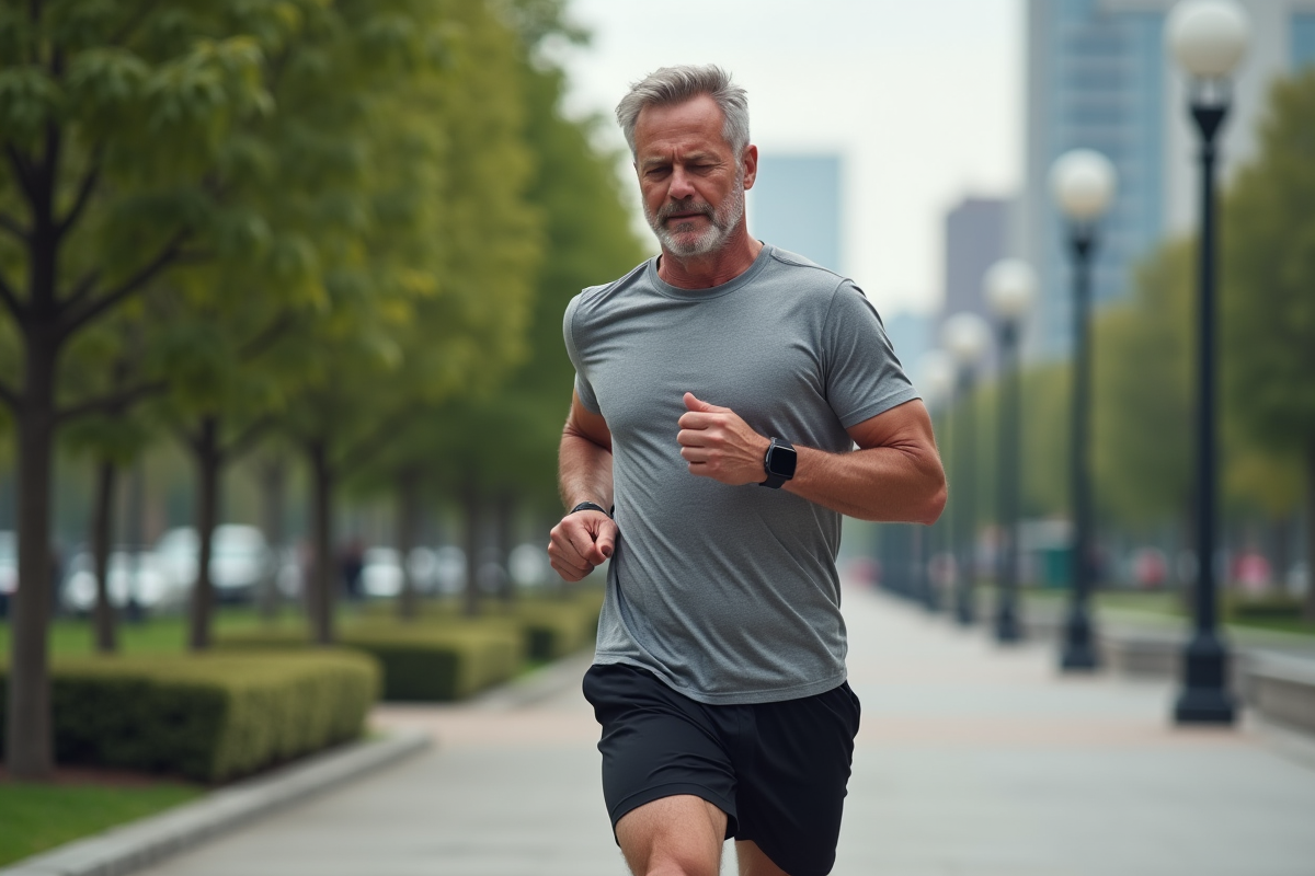Homme courant dans un parc urbain avec application fitness