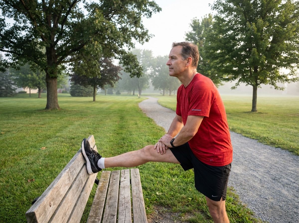 Homme courant en étirement dans un parc serein