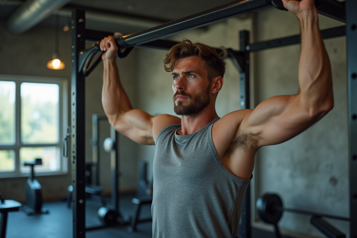 Jeune homme utilisant des bandes de resistance en salle