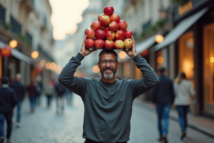Homme d'âge moyen équilibrant des pommes sur la tête dans la rue
