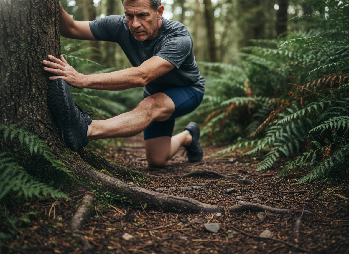 Homme courant en forêt en train de s