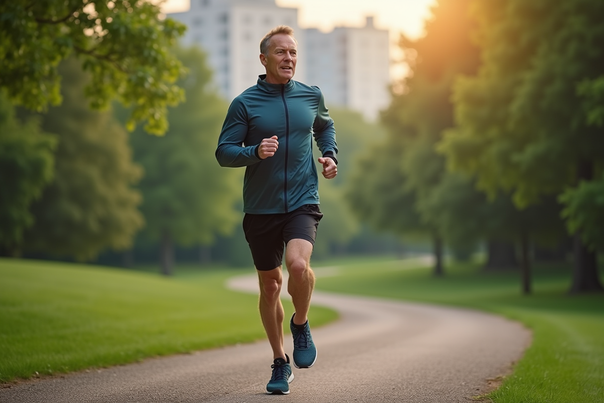Homme courant dans un parc urbain verdoyant