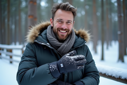 Homme avec gants isolants dans la neige en forêt