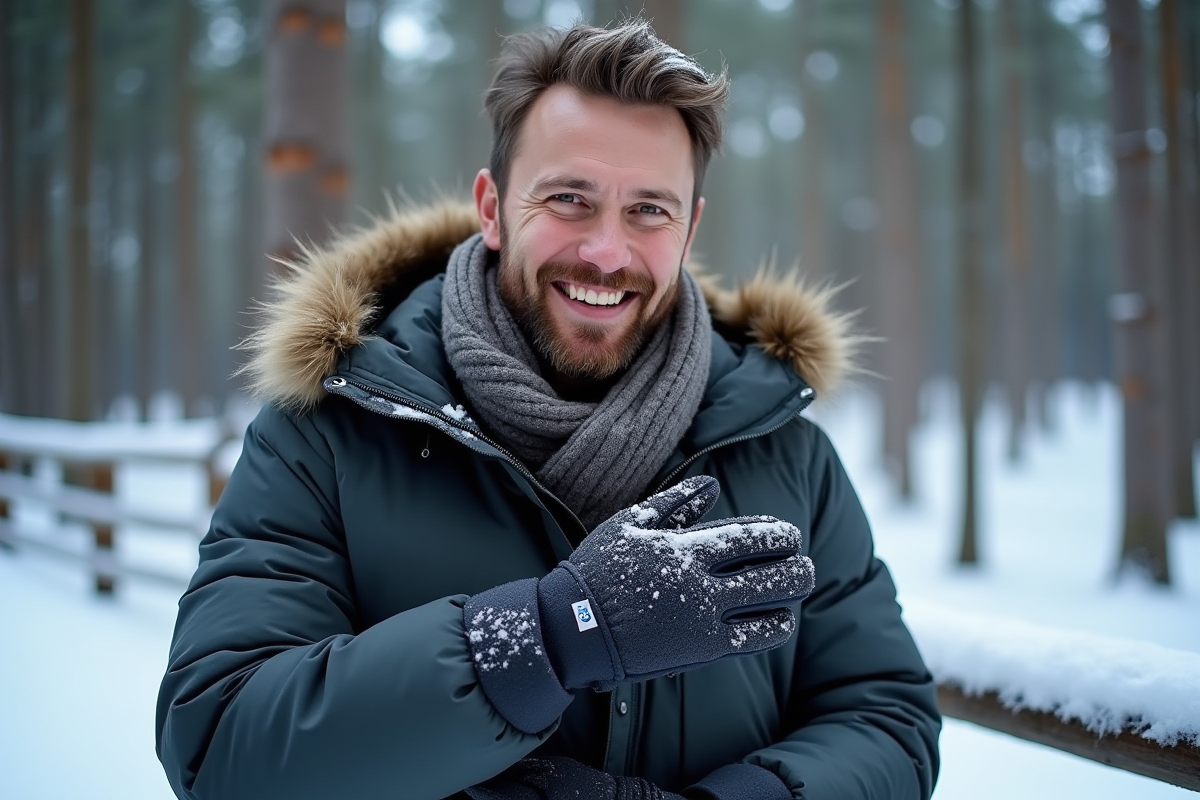 Homme avec gants isolants dans la neige en forêt
