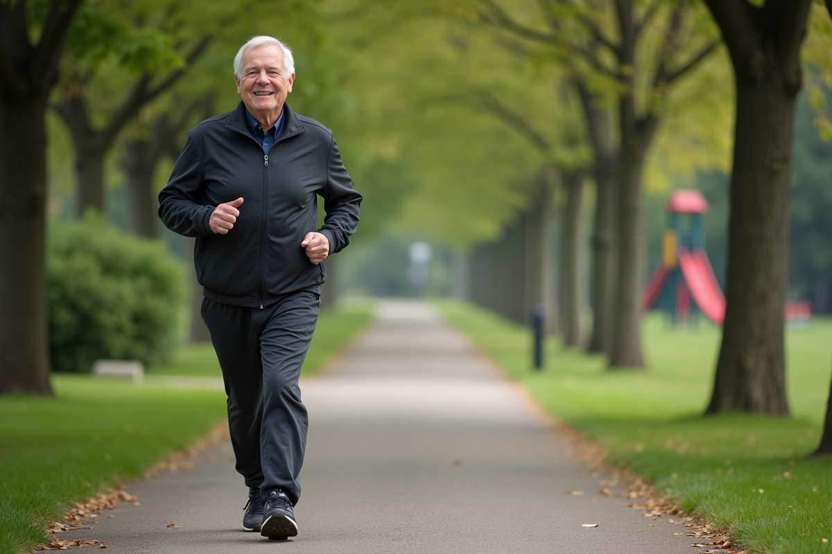 Homme âgé marchant dans un parc verdoyant au matin
