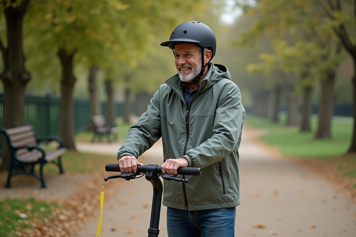 Homme attachant une bande réfléchissante à son scooter dans un parc