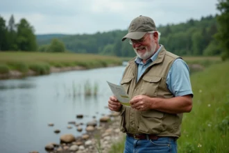 Homme d'âge moyen vérifiant sa licence de pêche au bord de la rivière