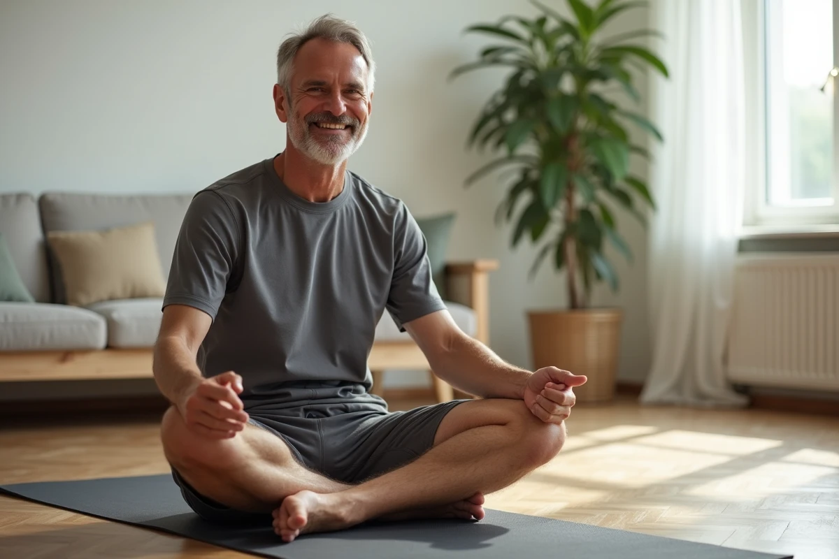 Homme assis en tailleur après séance de Pilates dans un salon lumineux