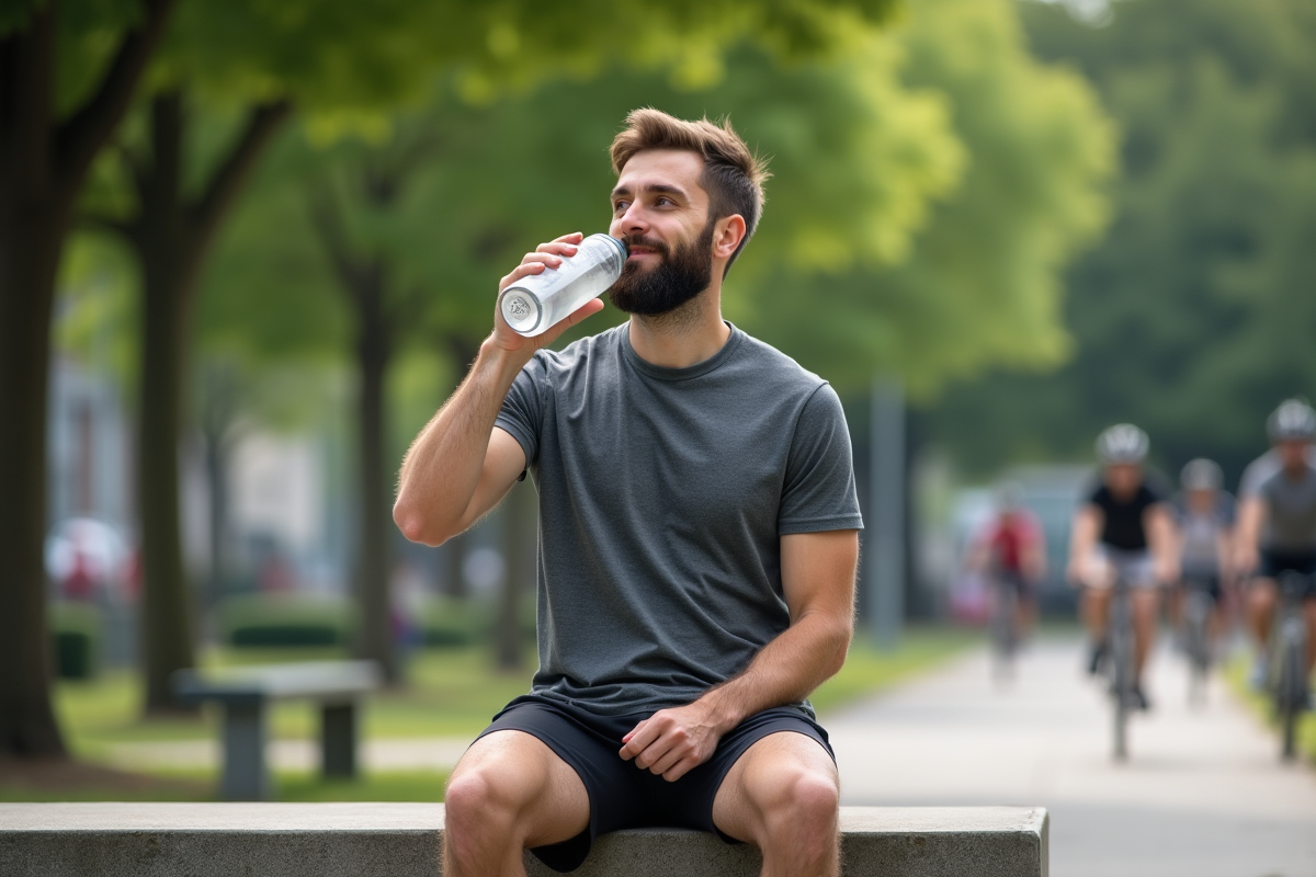Homme détendu après HIIT dans un parc urbain